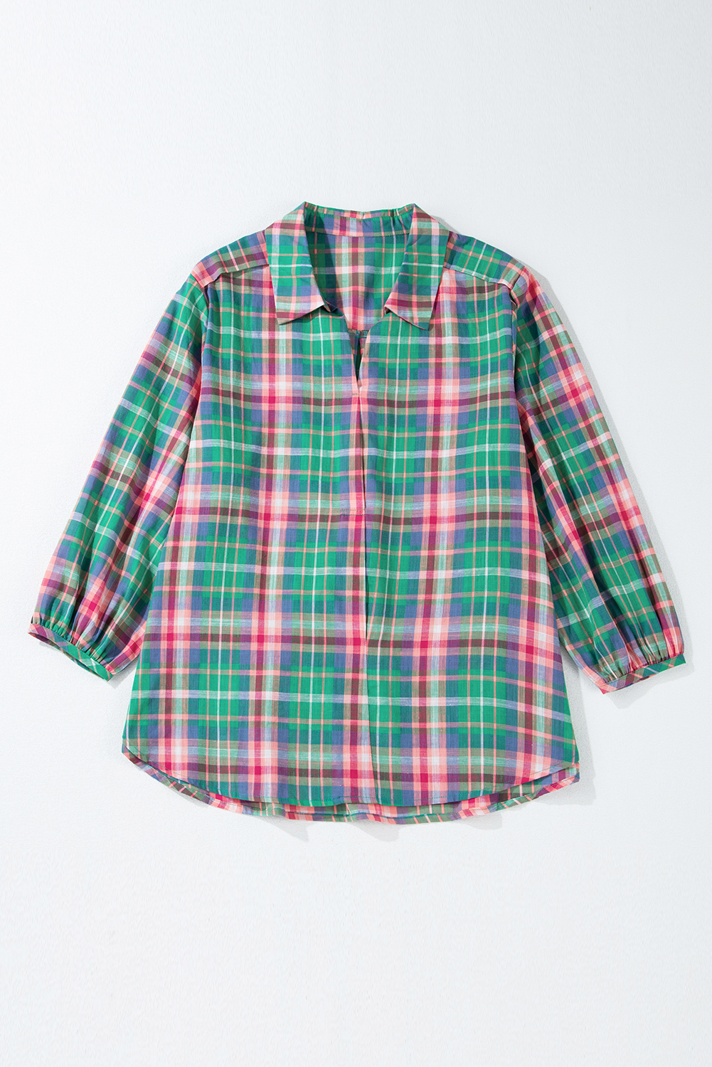 Green Checkered 3/4 Sleeve Collared Loose Fit Shirt - loveforevers