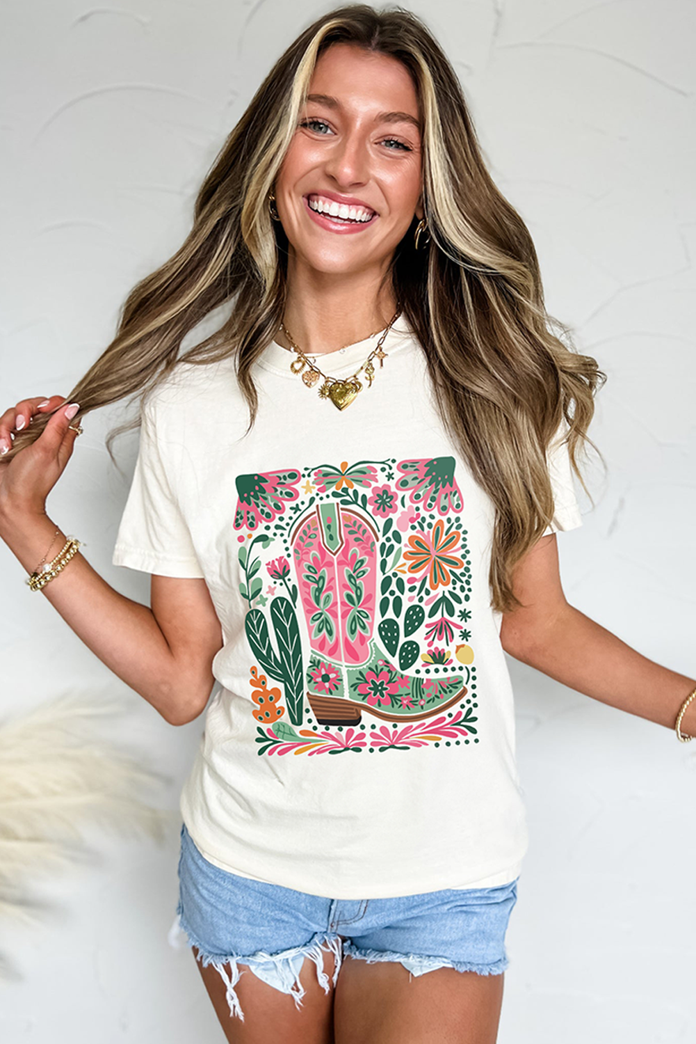 White Western Boot Flower Print Crew Neck Loose Tee - loveforevers