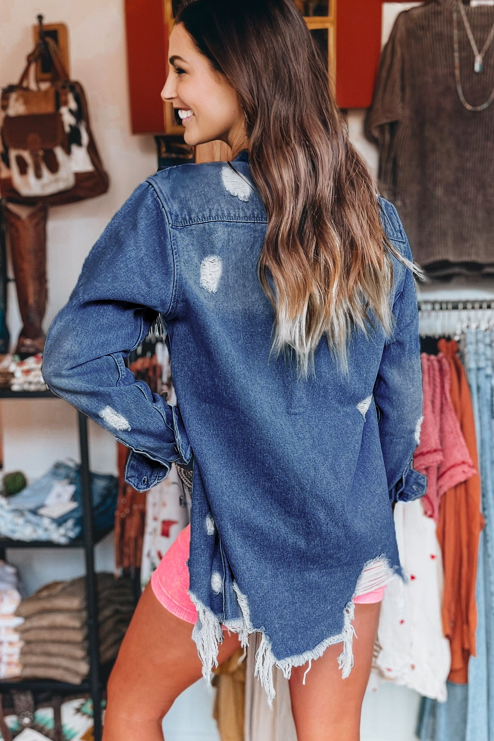 Sky Blue Light Wash Distressed Frayed Long Denim Jacket - loveforevers