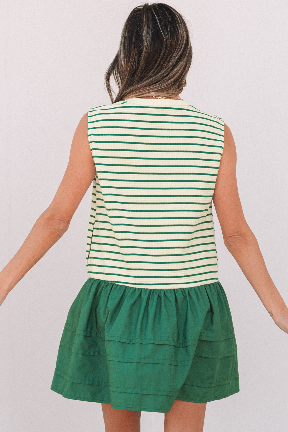 Green Stripe Woven Ruffled Sleeveless Mini Dress - loveforevers