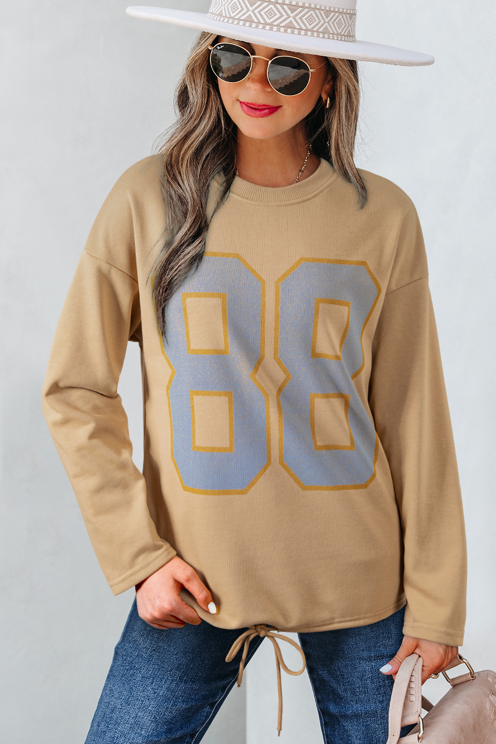 Khaki 88 Number Graphic Drawstring Hemline Oversize Long Sleeve Top - loveforevers
