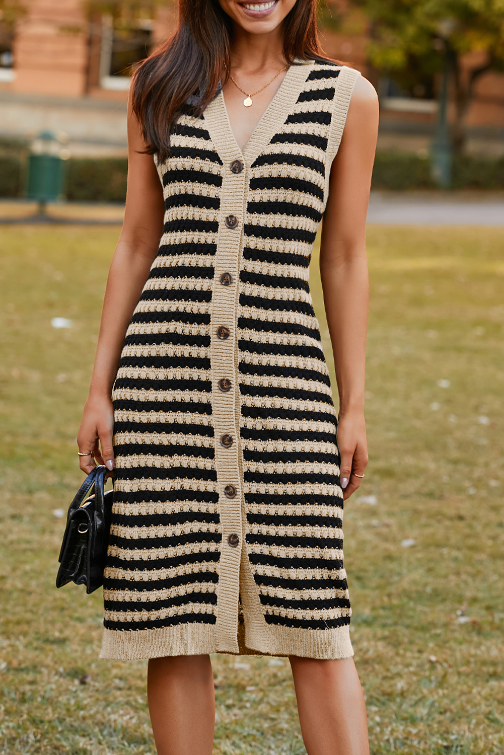 Parchment Buttoned Front Pencil Midi Sleeveless Sweater Dress - loveforevers