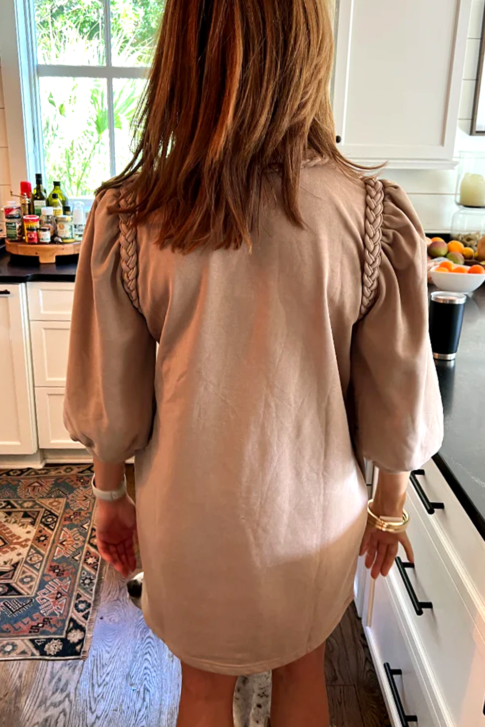 Light French Beige Braided Trim Puff Sleeve Dress - loveforevers