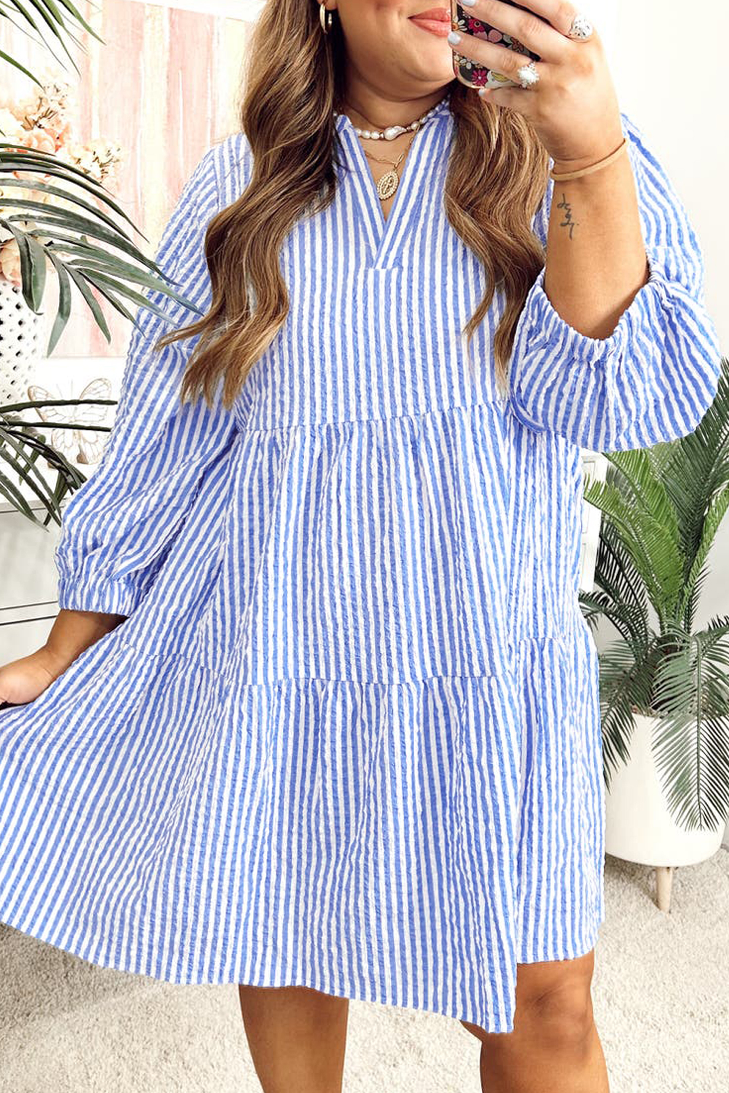 Sky Blue Stripe Seersucker Textured Notched Neck Long Puff Sleeve Tiered Curvy Dress - loveforevers