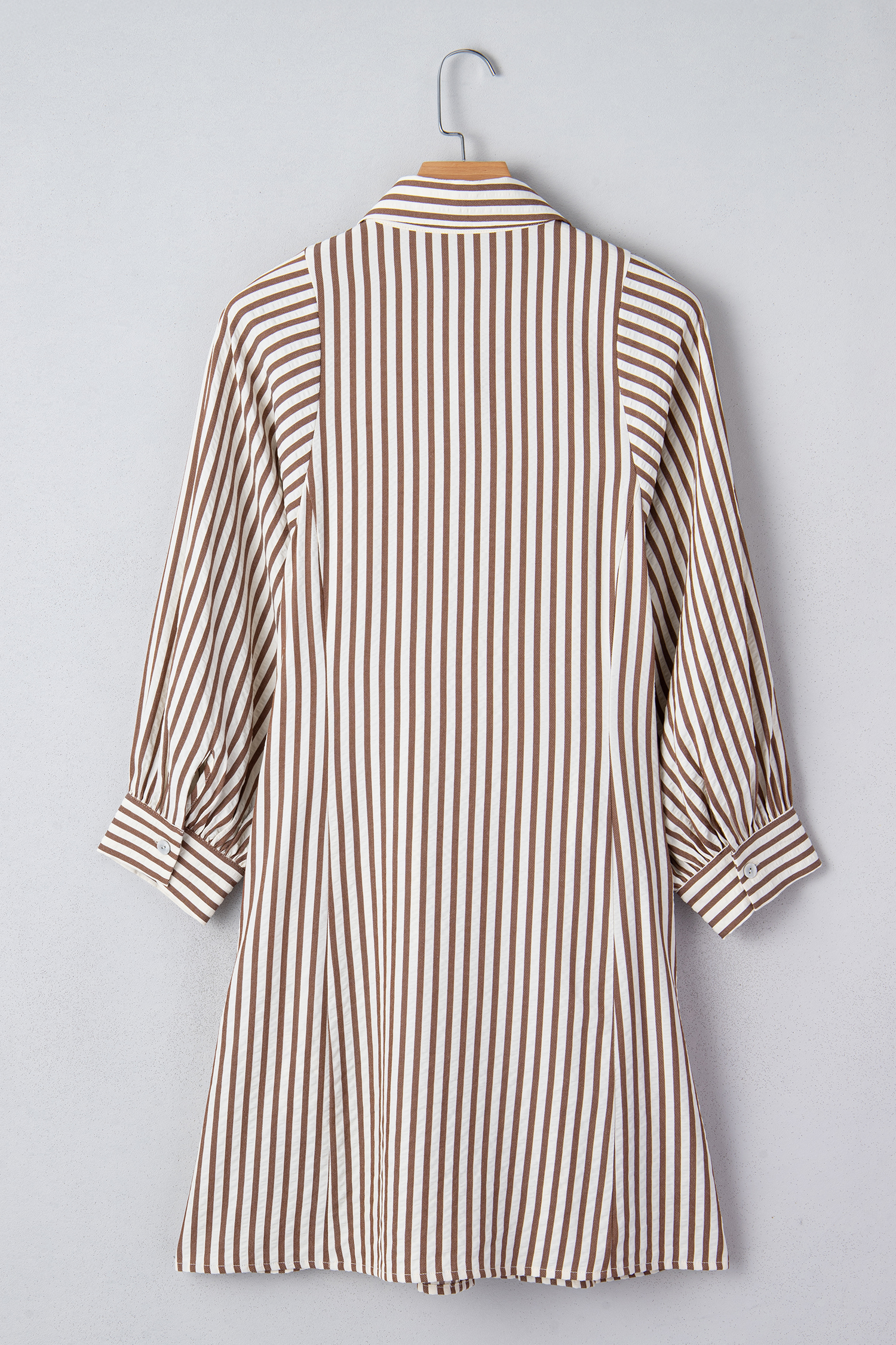 Brown Stripe Knot Waist Puff Sleeve Button Down Mini Shirt Dress - loveforevers