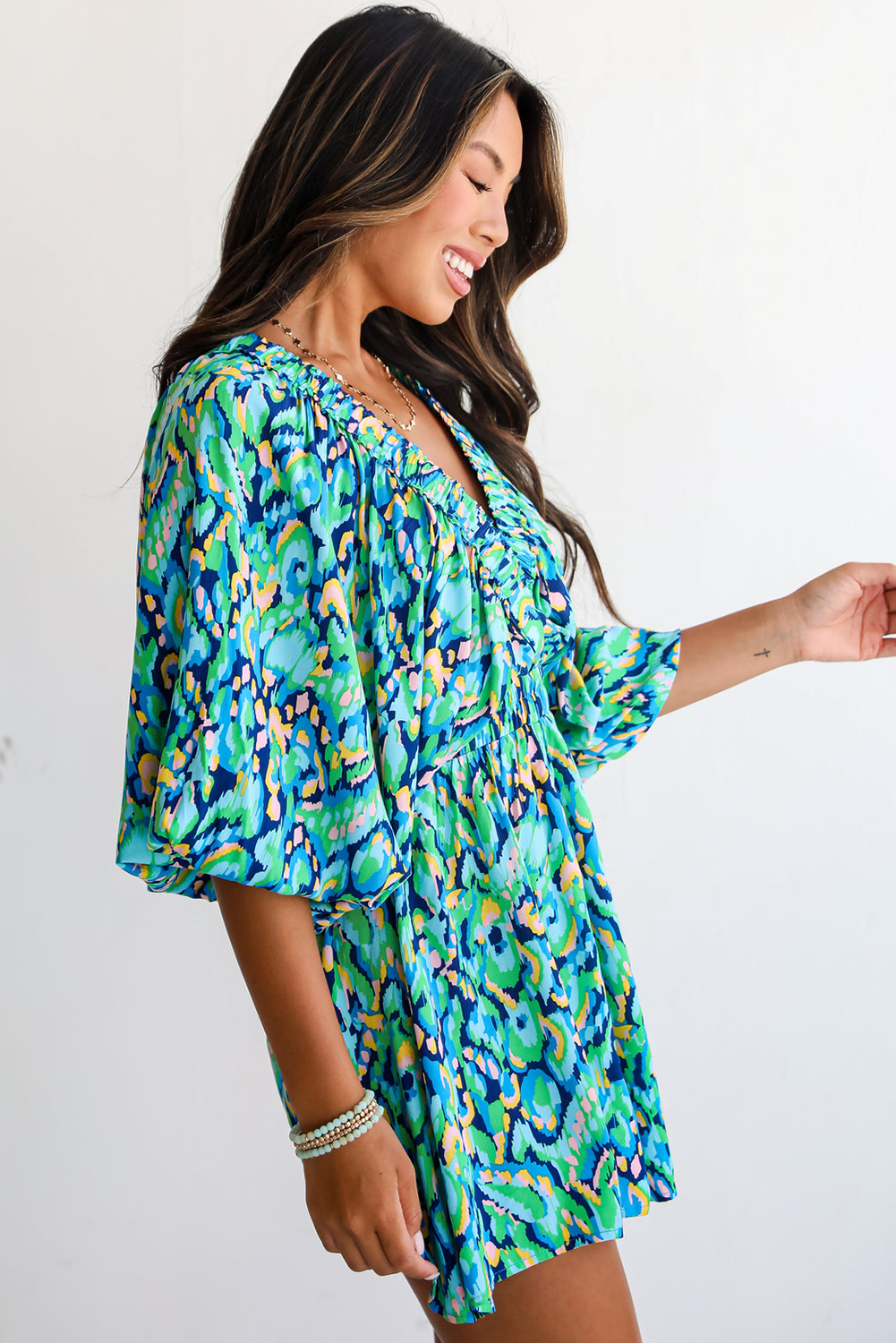 Green Abstract Print Puff Sleeve V Neck High Waist Romper - loveforevers