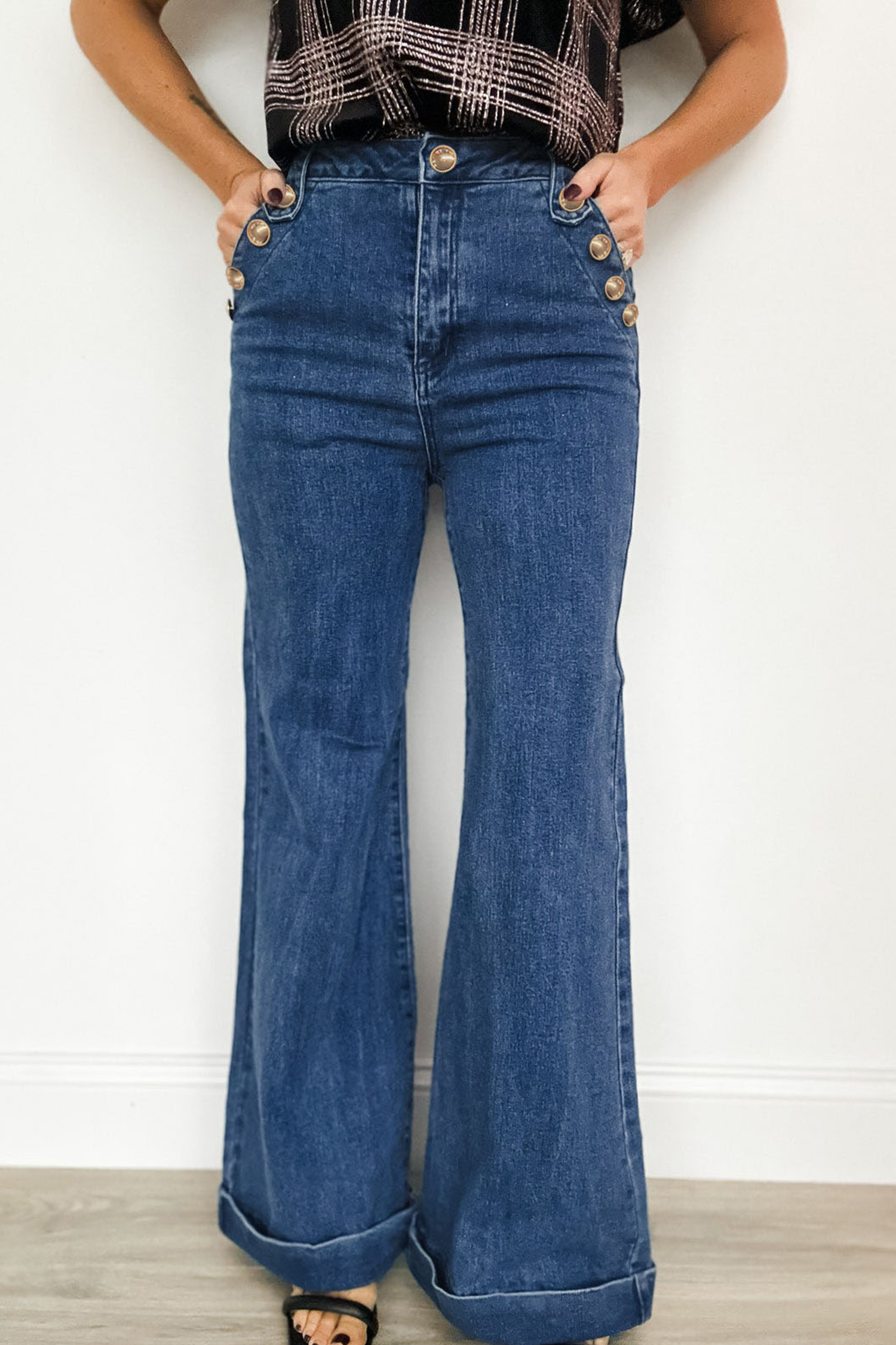 Ashleigh Blue Golden Button Detail Rolled Edge Flare Leg Jeans - loveforevers