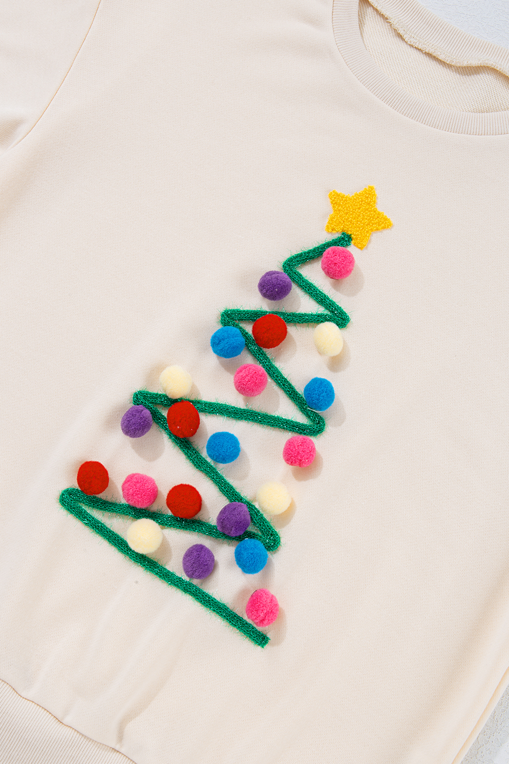 Beige Pom-Pom Christmas Tree Pattern O Neck Sweatshirt - loveforevers