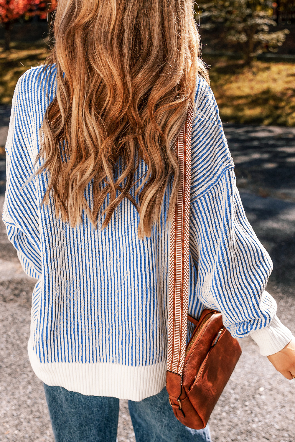 Bright Pink Striped Textured Knit Contrast Edge Loose Sweater - loveforevers