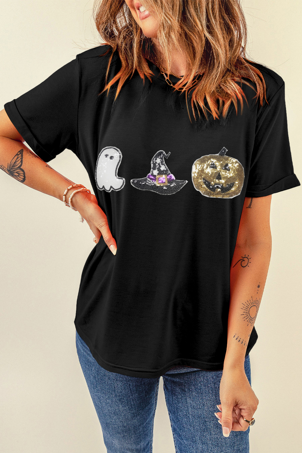 Black Halloween Sequin Pattern Patched Crewneck Tee - loveforevers