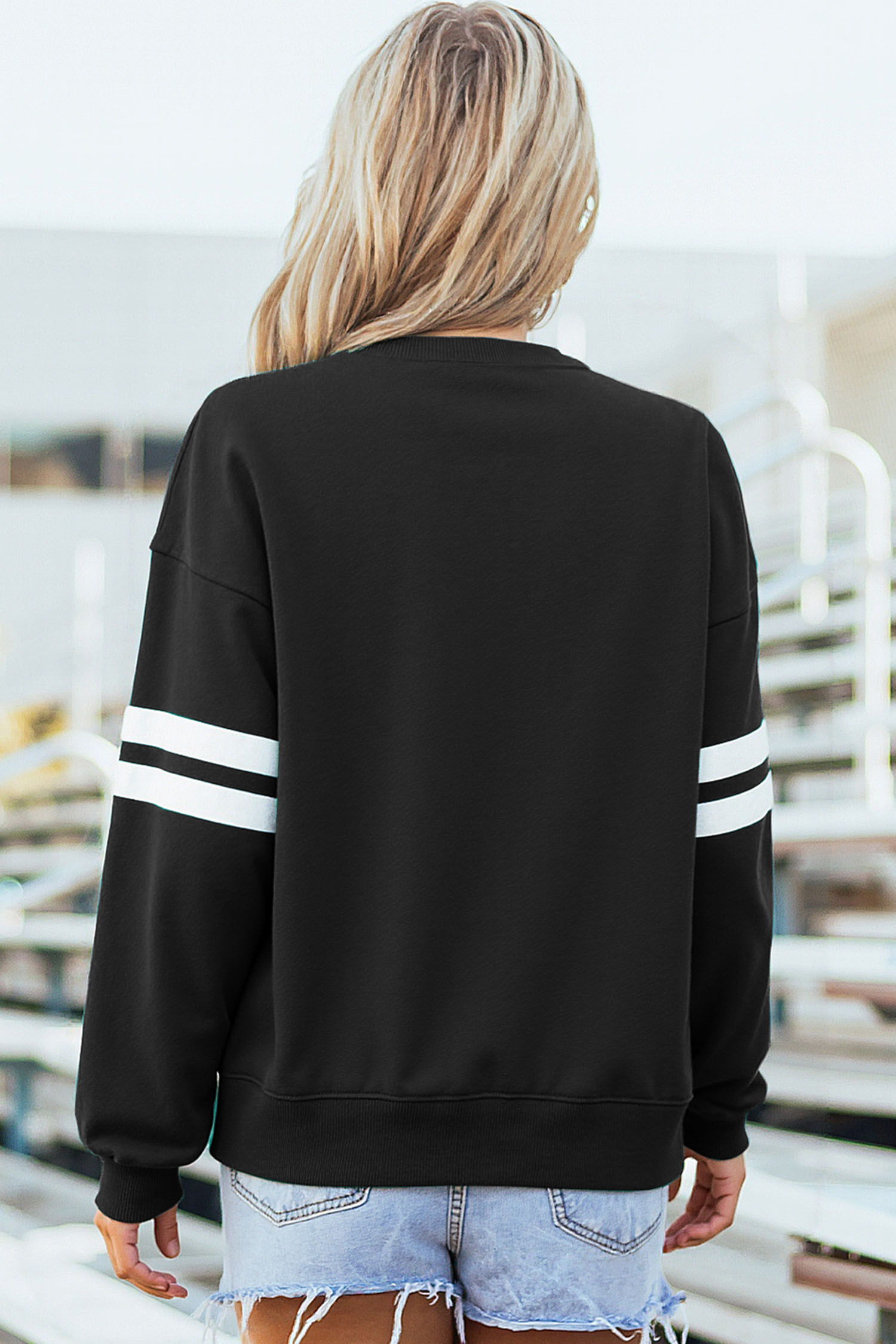 Black Sequin Mardi Crown Dropped Shoulder Varsity Sweatshirt - loveforevers