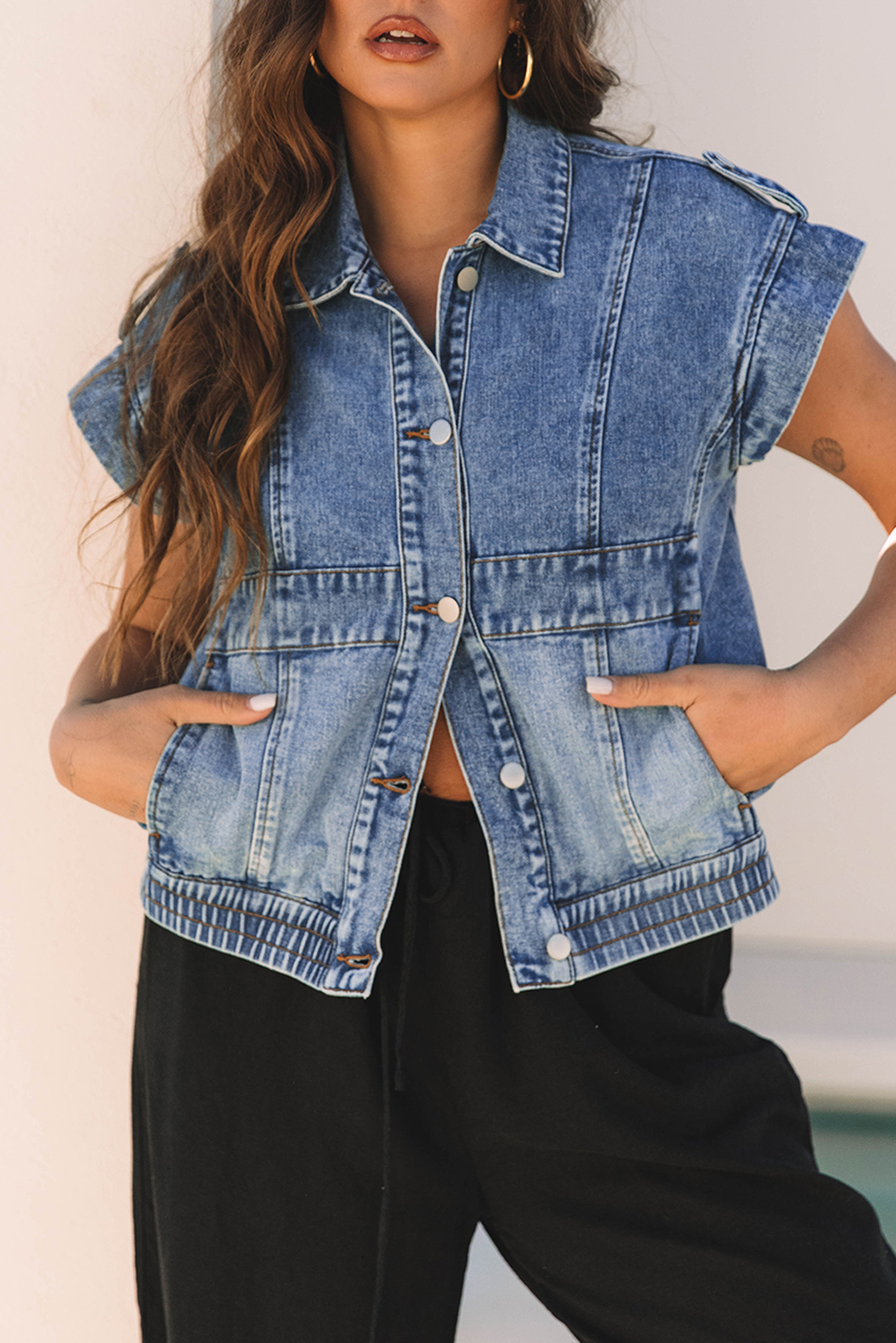 Ashleigh Blue Acid Wash Elastic Hem Button Up Denim Vest - loveforevers