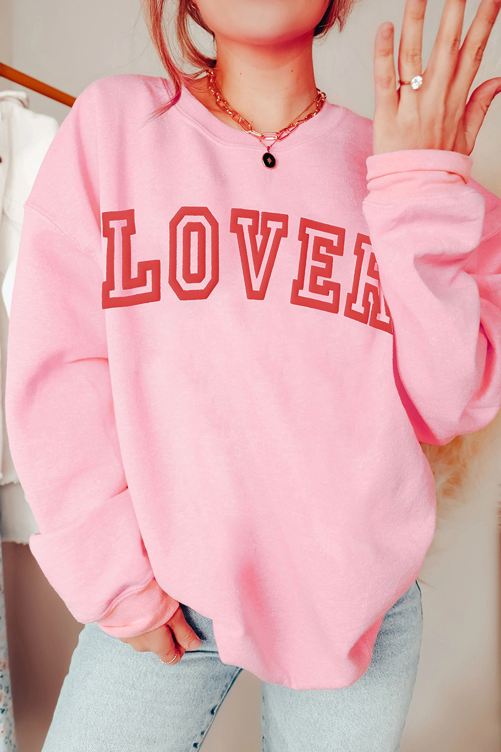 Pink LOVER Puff Print Drop Shoulder Pullover Sweatshirt - loveforevers