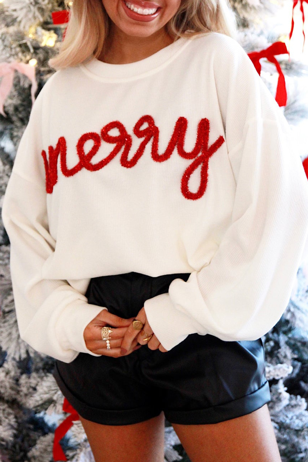 White Merry Tinsel Letter Embroidery Ribbed Drop Shoulder Sweatshirt - loveforevers