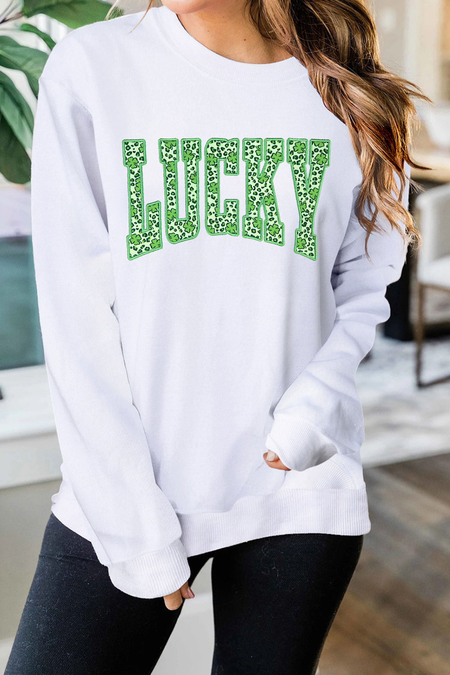 White Leopard Cover LUCKY Embroidered Patch Graphic Sweatshirt - loveforevers