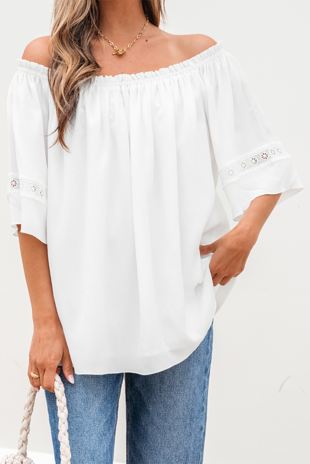 White Frilly Off Shoulder Lace Insert Sleeve Textured Blouse - loveforevers
