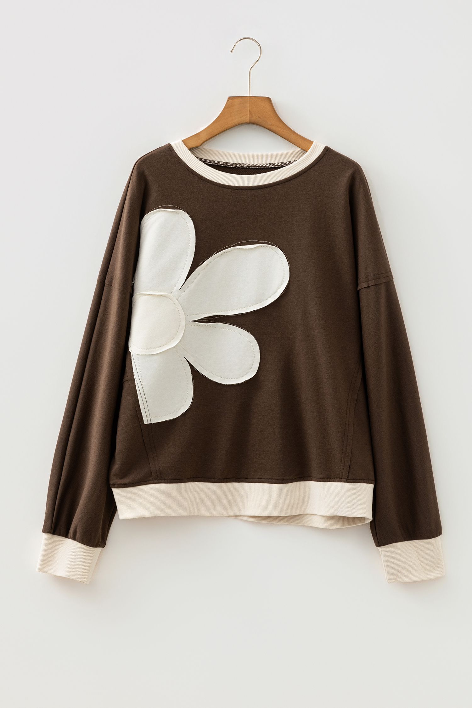 Beige Raw Edge Flower Patch Drop Shoulder Casual Top - loveforevers