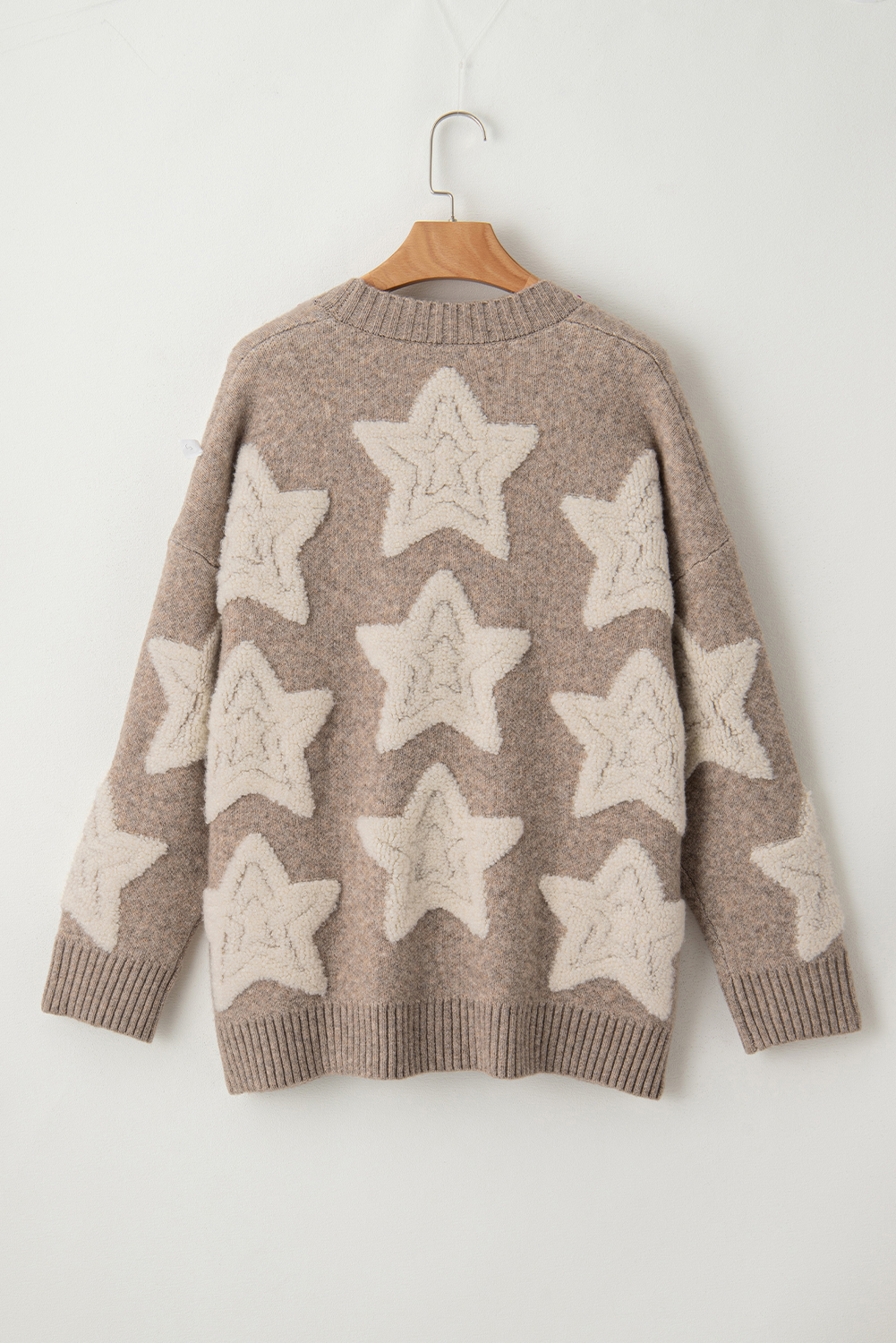 Khaki Sherpa Star Pattern Textured Sweater Cardigan with Pockets - loveforevers