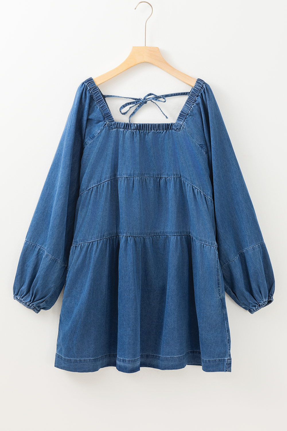 Dusk Blue Square Neck Side Pockets Loose Fit Denim Mini Dress - loveforevers