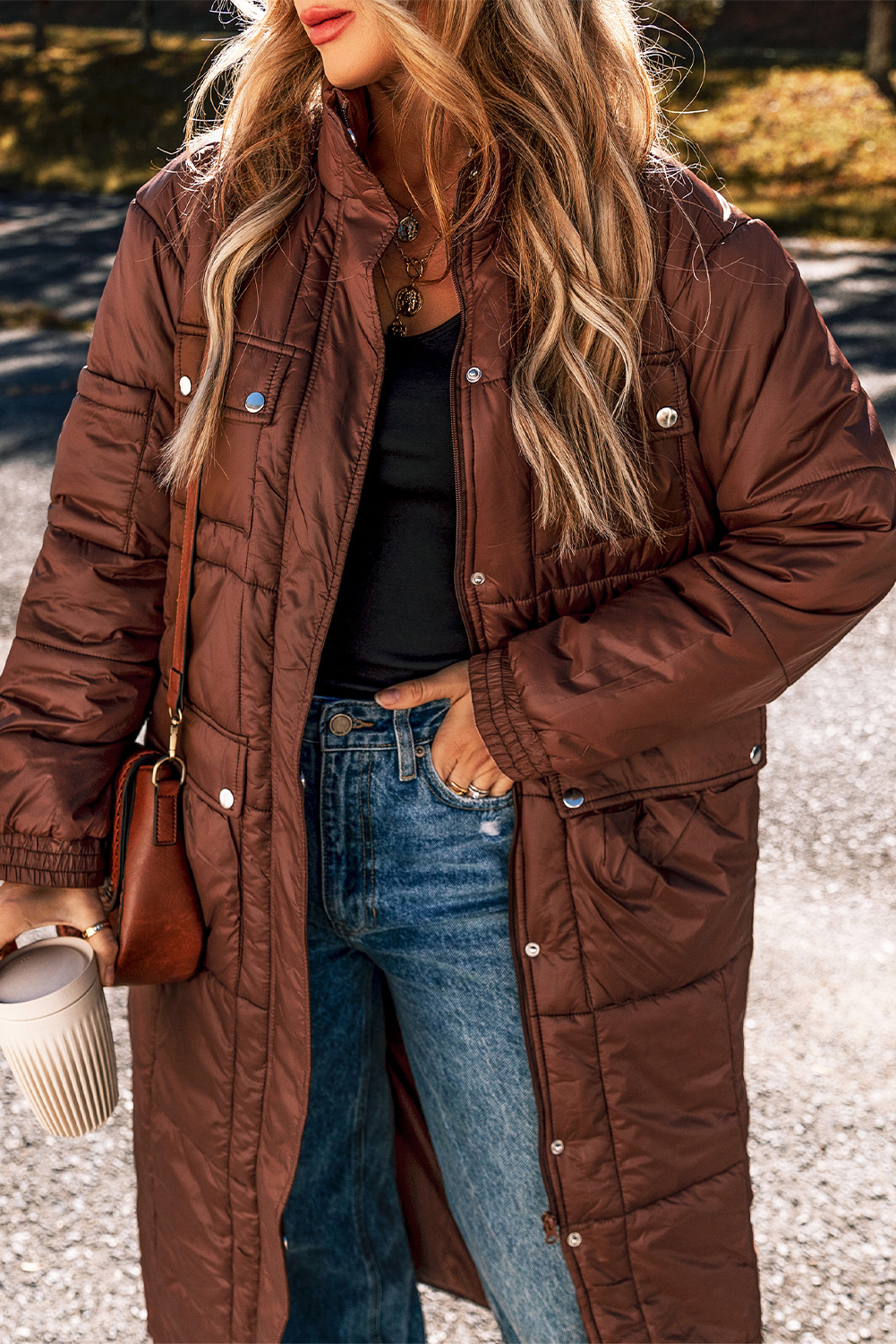 Coffee Quilted Puffer Stand Neck Zipped Mid-length Coat - loveforevers