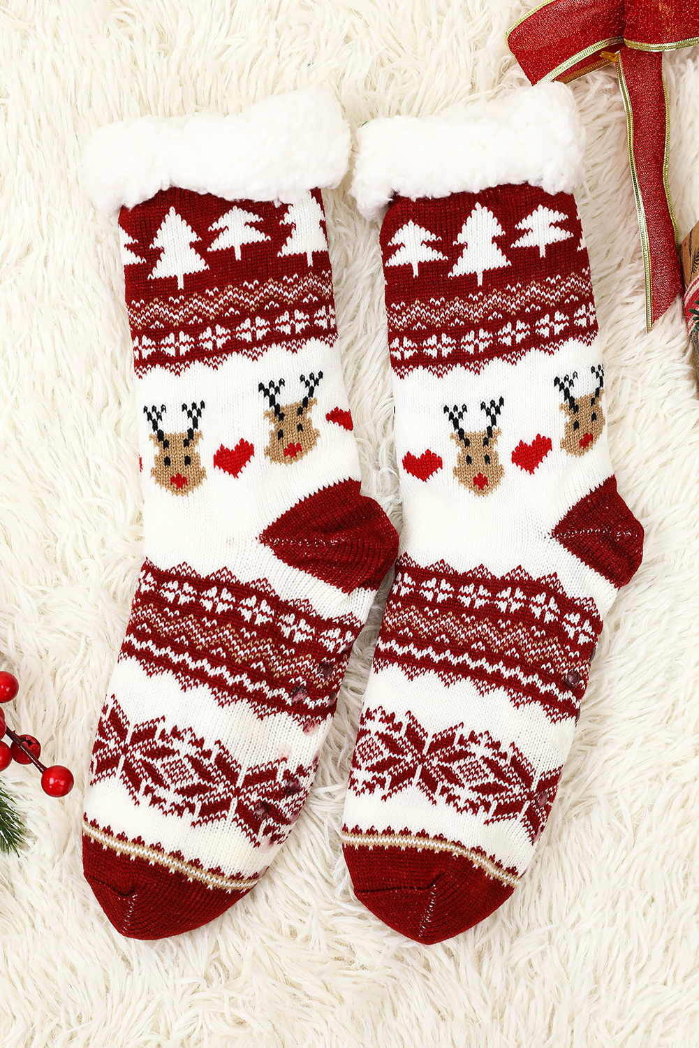 Fiery Red Christmas Cartoon Pattern Woolen Knit Socks - loveforevers