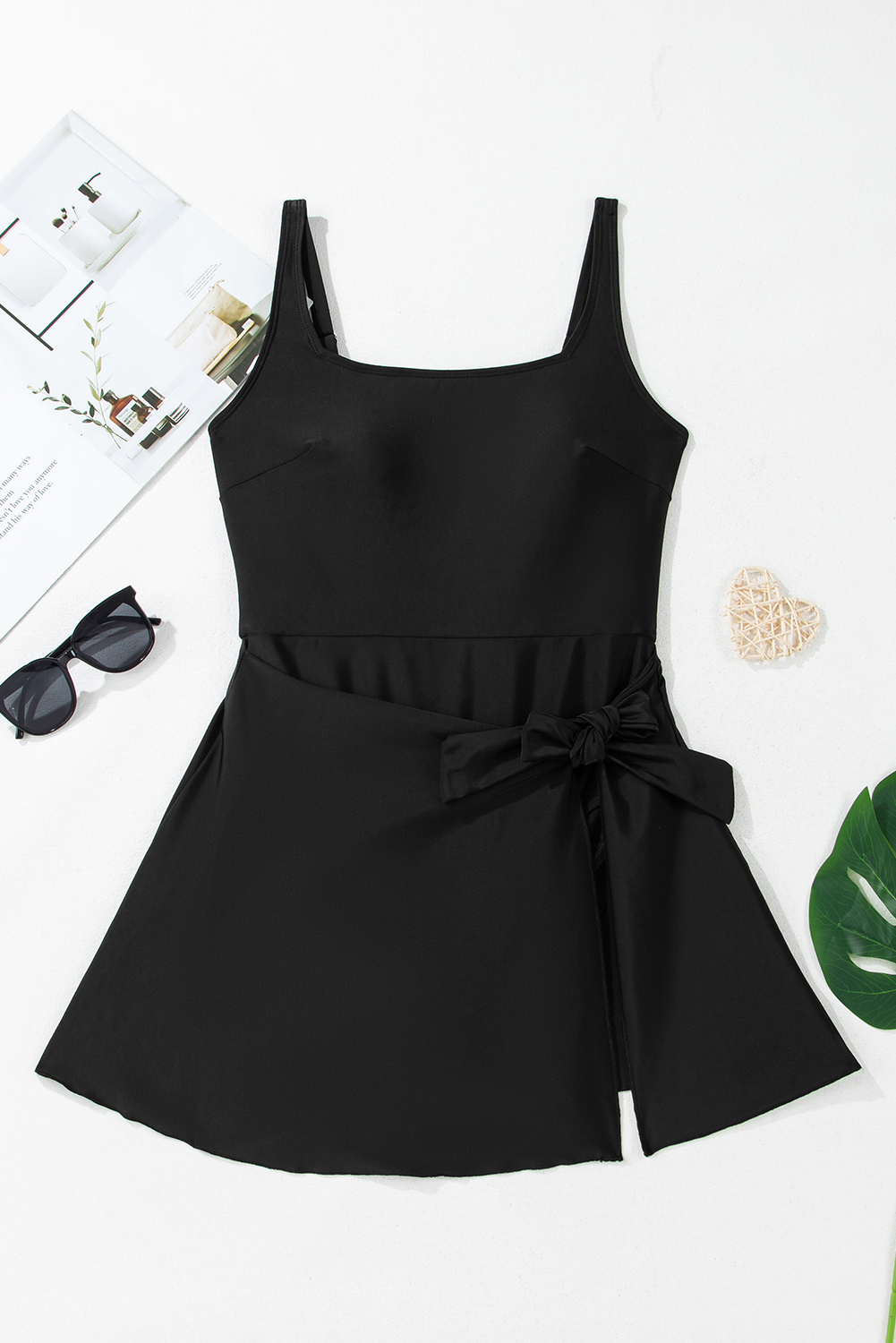 Black Side Tied Waist Square Neck Adjustable Straps A-line One Piece Swim Dress - loveforevers