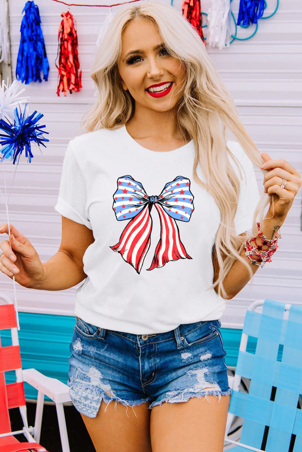 Khaki American Flag Bow Knot Print Round Neck T Shirt - loveforevers