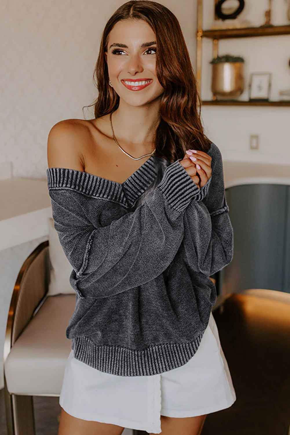 Four Leaf Clover Mineral Wash V Neck Knit Exposed Seam Drop Shoulder Loose Sweater - loveforevers