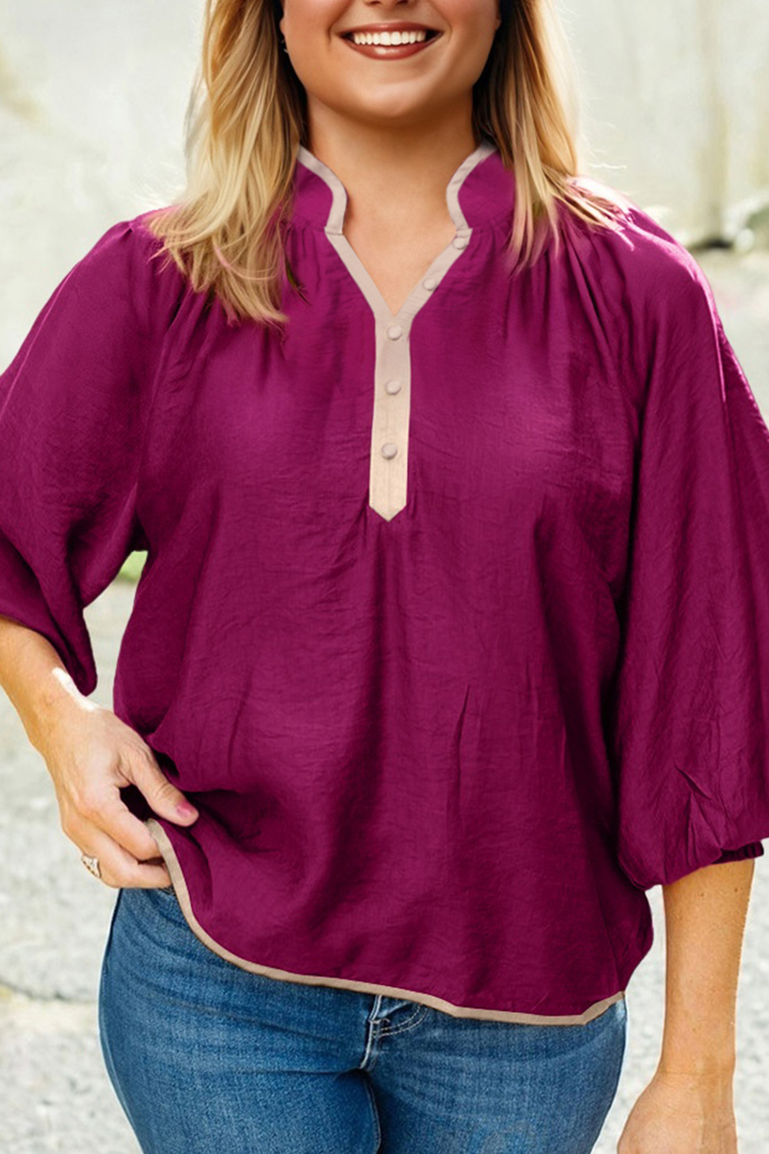 Wild Ginger Plus Size Contrast Trim Button V Neck Puffy Bracelet Sleeve Blouse - loveforevers