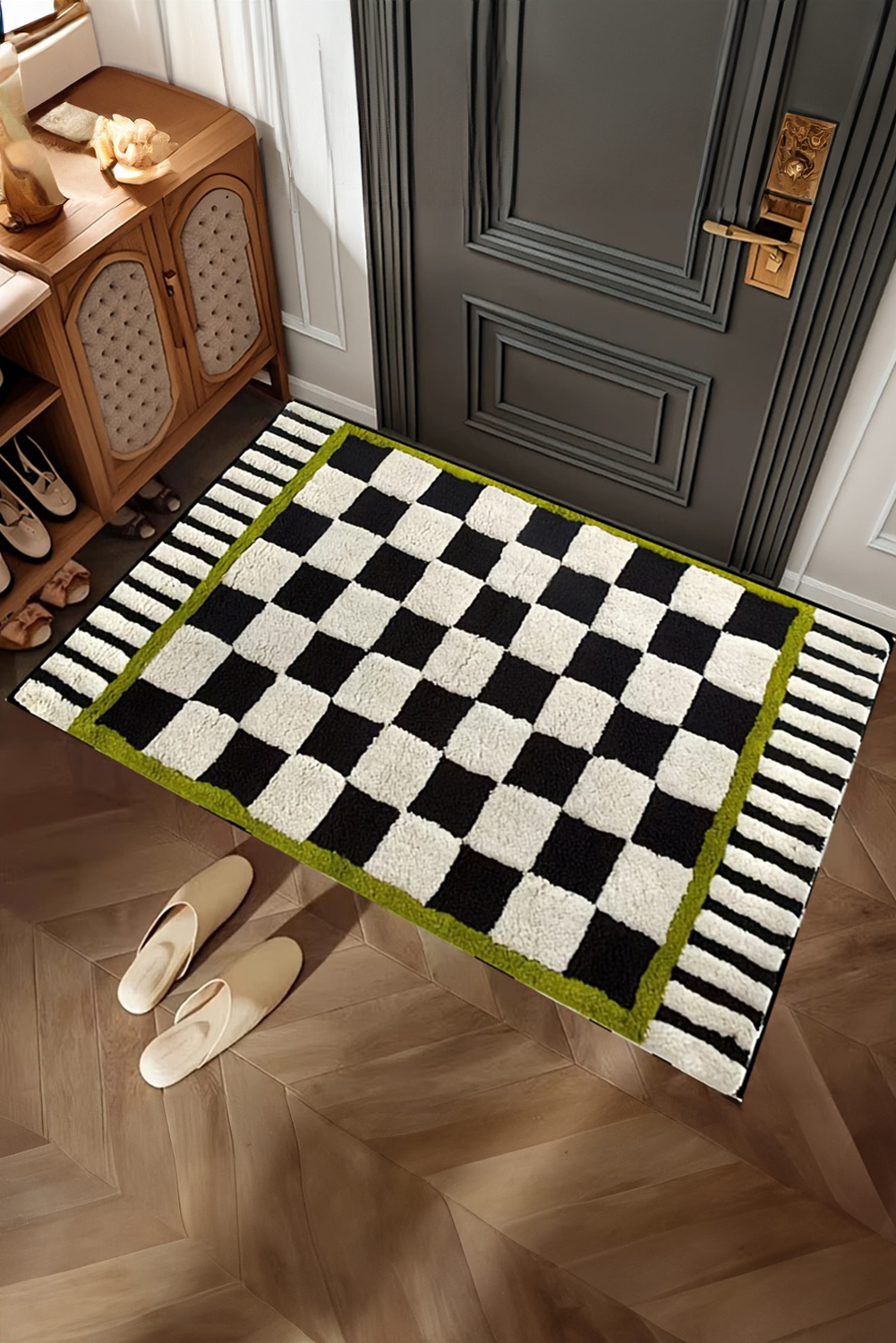 Spinach Green Square Trim Plush Checkered Striped Bath Rug - loveforevers