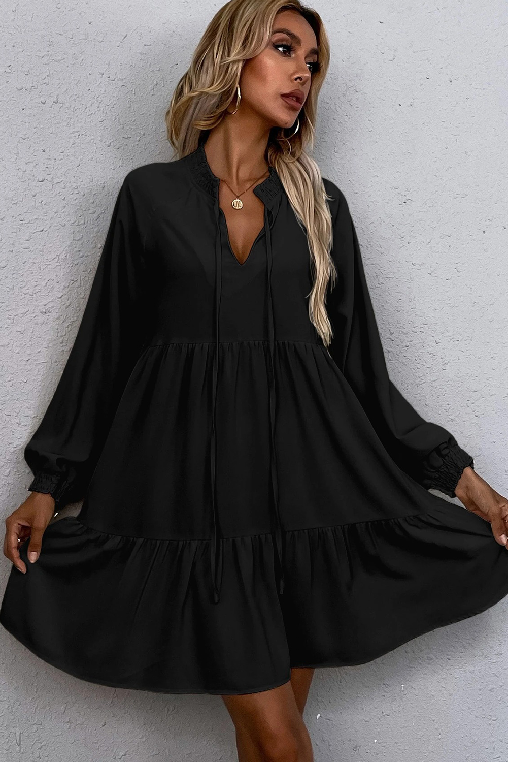 Black Tie Split Neck Smocked Detail Long Puff Sleeve Ruffle Hem Loose Dress - loveforevers