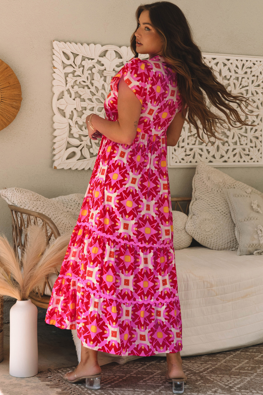 Strawberry Pink Geo Print V-neck Maxi Dress - loveforevers