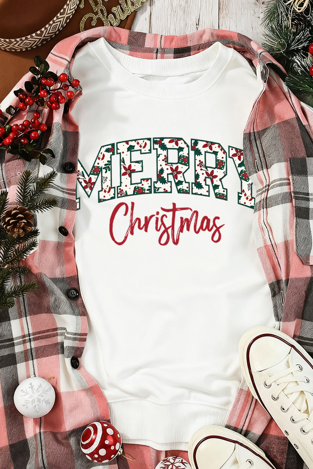 White Merry Christmas Cotton Blend Custom Graphic Sweatshirt - loveforevers