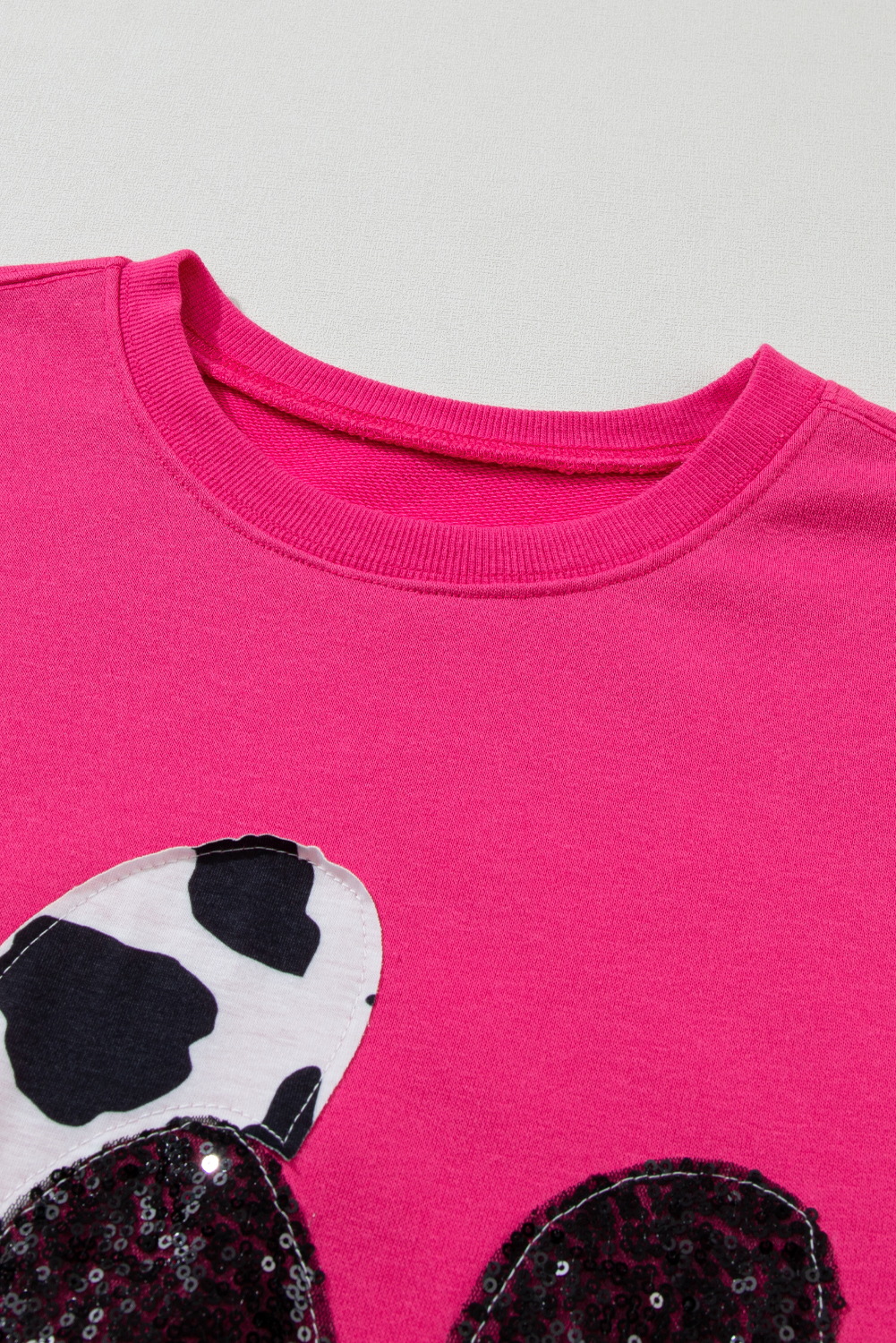 Strawberry Pink Cow & Sequin Double Heart Patch Graphic Sweatshirt - loveforevers