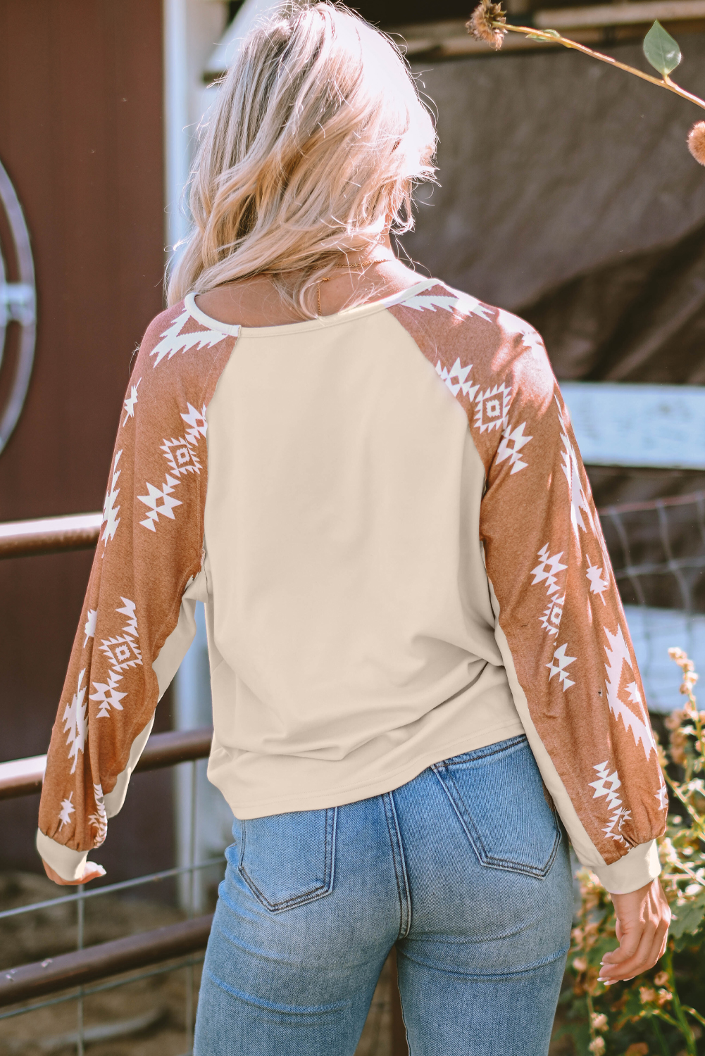 Apricot Western Print Patch Long Sleeve Top - loveforevers