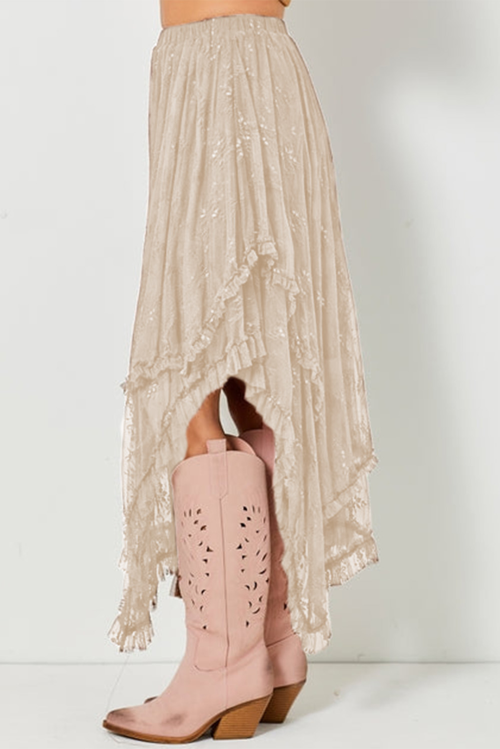 Apricot Lace Cascading Tiered High Waist Maxi Skirt - loveforevers