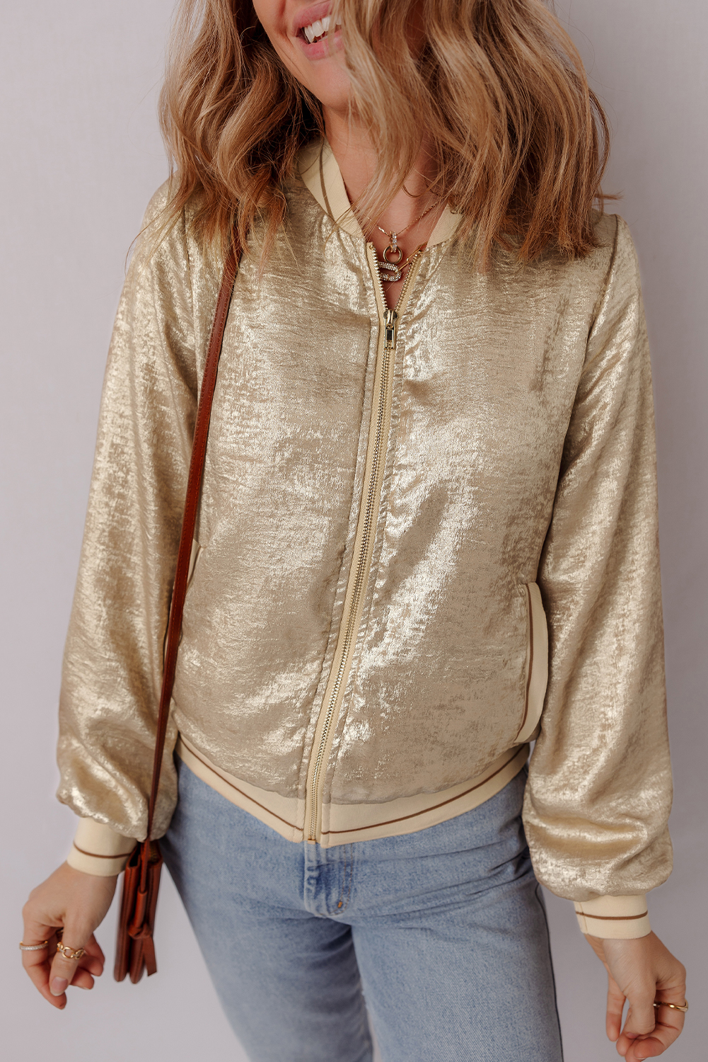 Pale Khaki Metallic Zip up Baseball Jacket - loveforevers