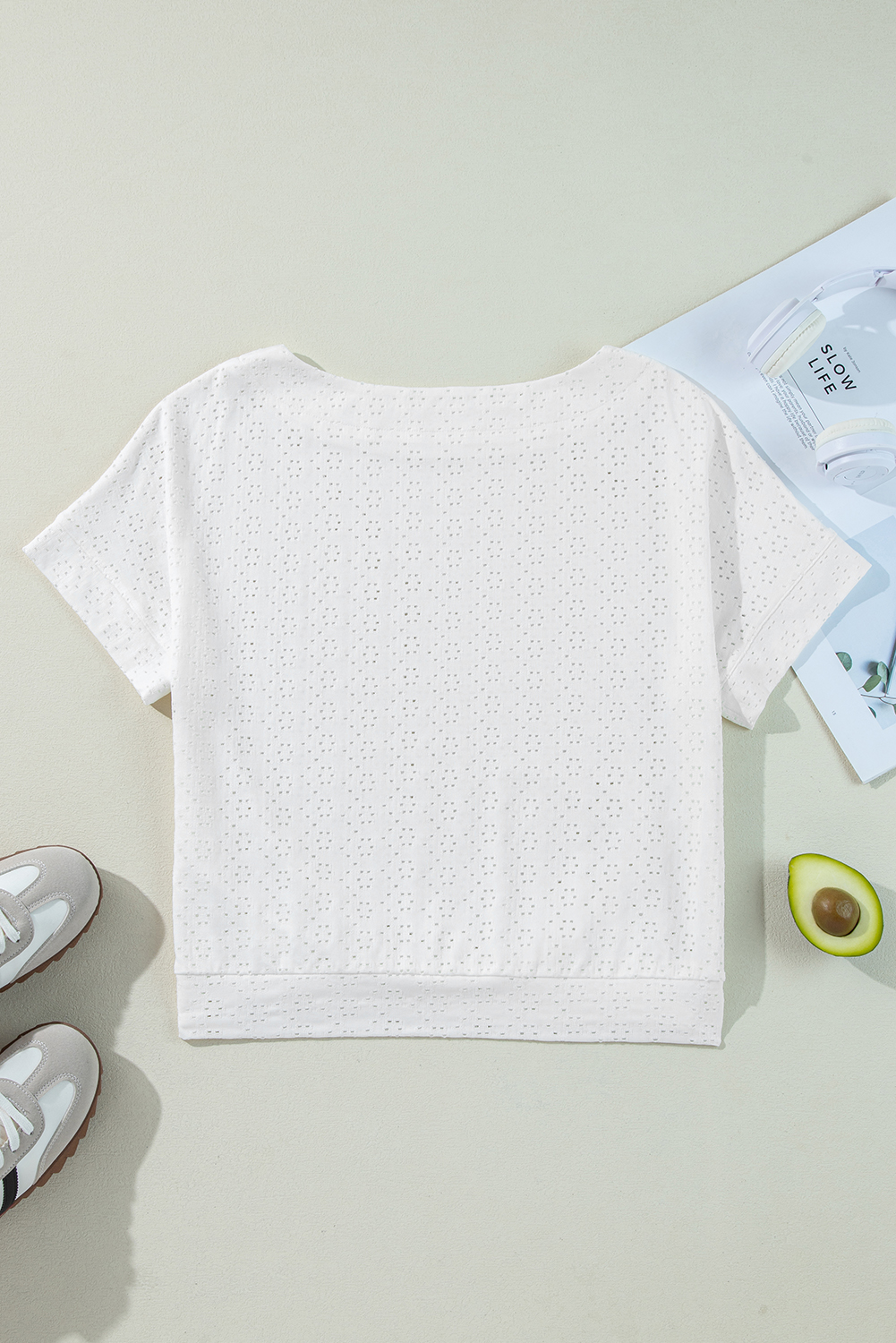 White Eyelet Pattern Boat Neck Casual Tee - loveforevers