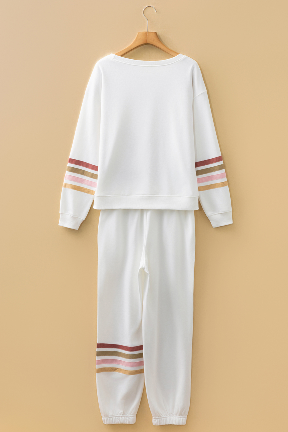 Beige Striped Drop Shoulder Round Neck Pullover and Jogger Pants Active Outfit - loveforevers
