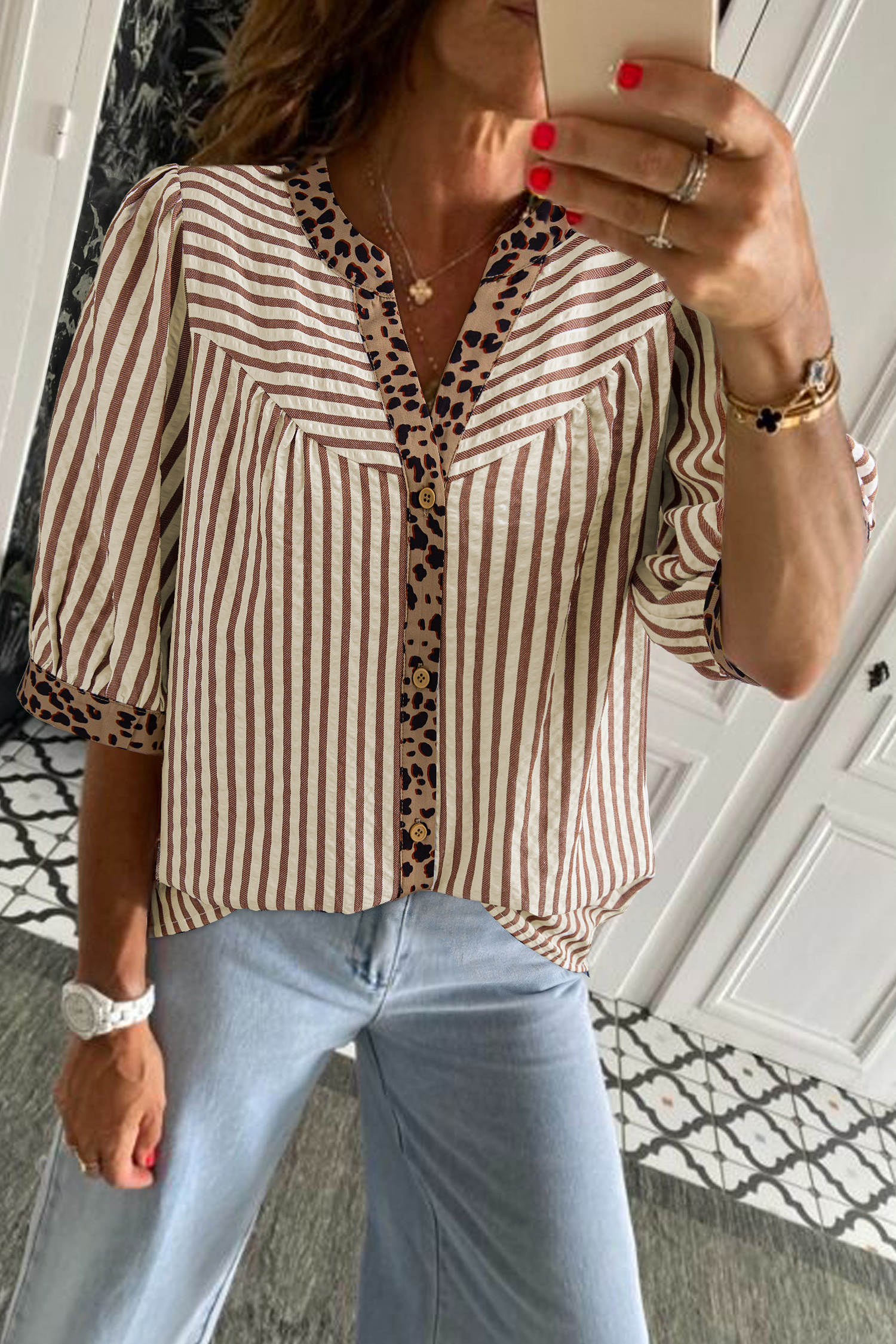 Sky Blue Stripe Leopard Trim V Neck Button Down Half Sleeve Shirt - loveforevers