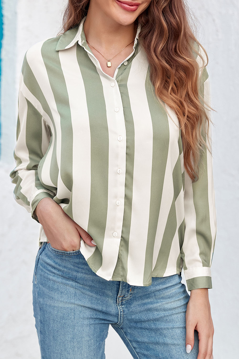 Green Striped Soft Relaxed Button Up Shirt - loveforevers
