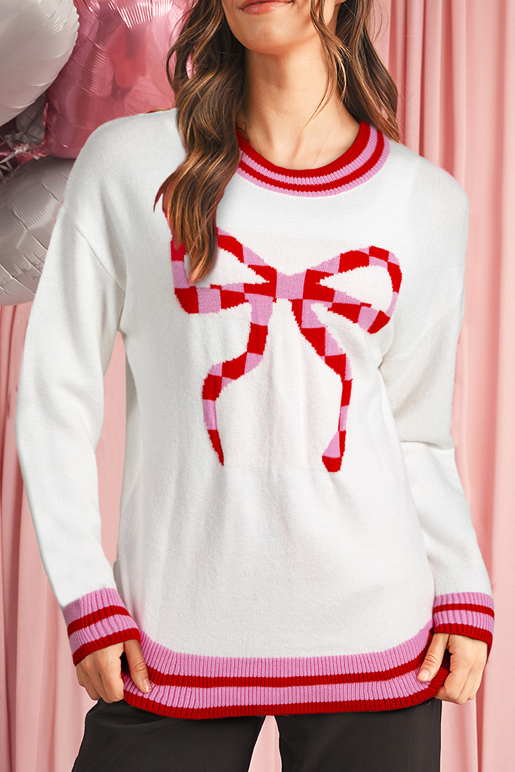White Striped Trim Bow Graphic Round Neck Drop Shoulder Sweater - loveforevers