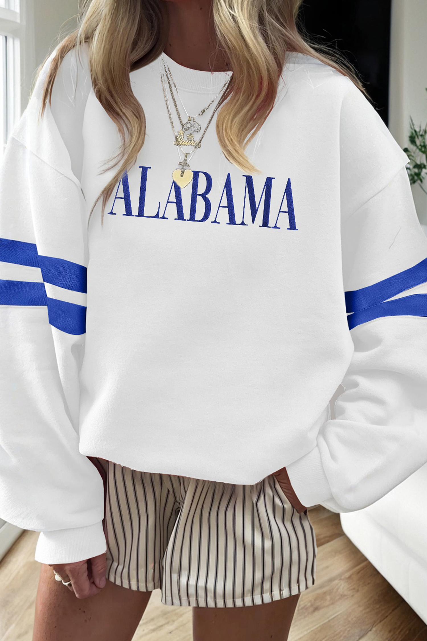 White ALABAMA Varsity Striped Pullover Sweatshirt - loveforevers