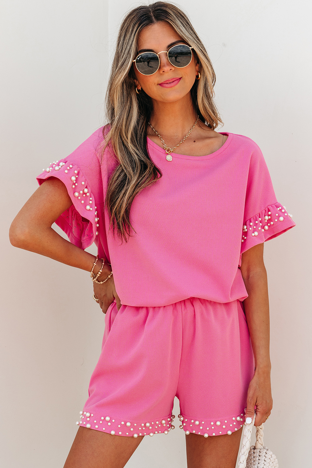 Bright Pink Textured Pearled Ruffle Sleeve Top 2 Piece Shorts Set - loveforevers