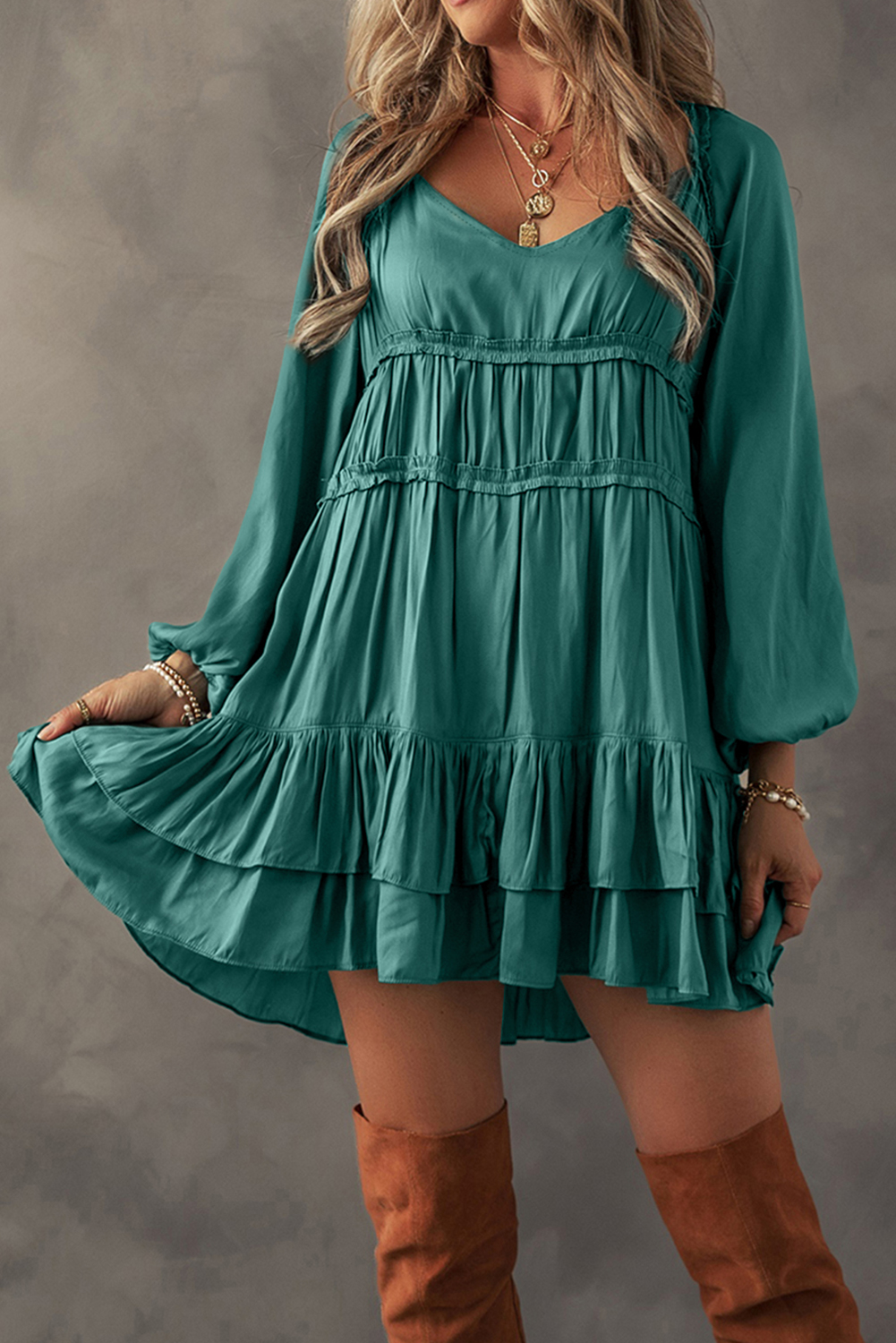 Mist Green Tiered Ruffled Puff Sleeve Loose Fit Mini Dress - loveforevers