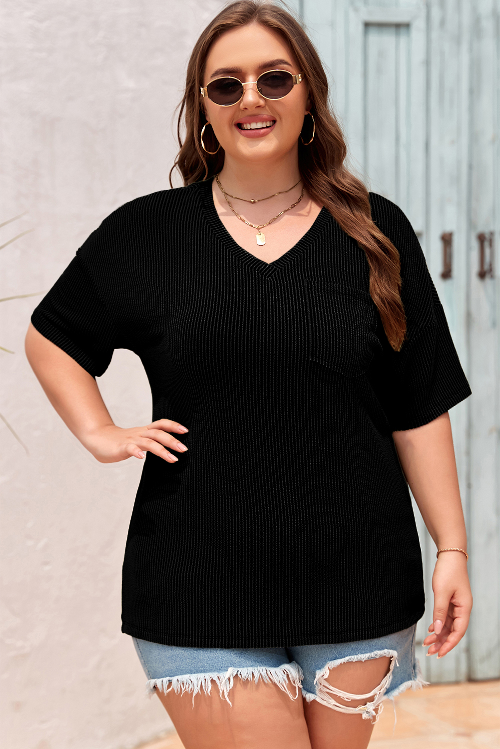 Black Textured V-Neck Dropped Shoulder Plus T-Shirt - loveforevers