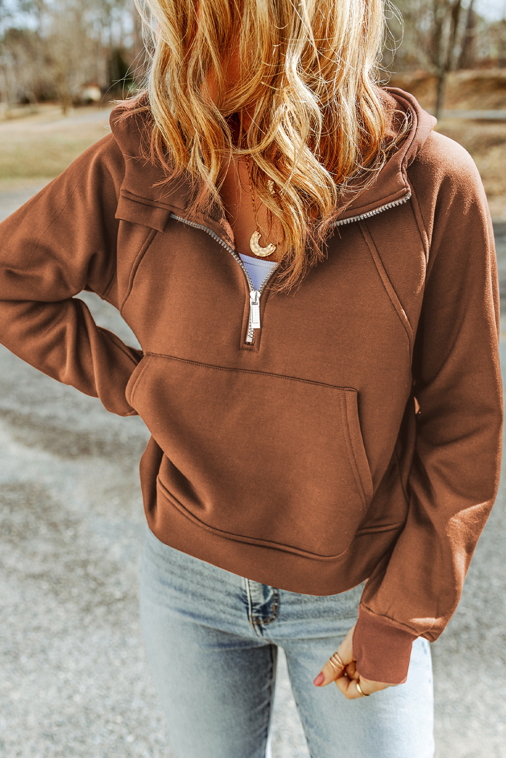 Brown Quarter Zip Kangaroo Pocket Hoodie - loveforevers