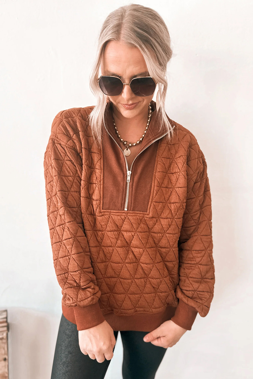 Straw Yellow Geometric Quilted Half Zipped Loose Sweatshirt - loveforevers