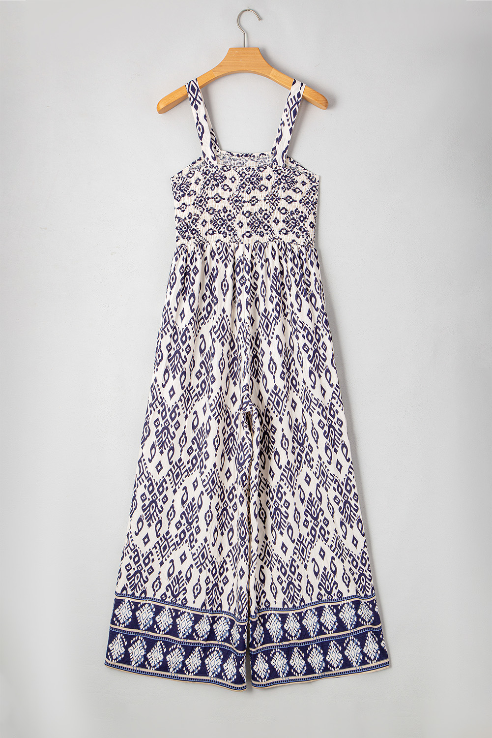 Blue Boho Geometric Print Shirred High Waist Wide Leg Jumpsuit - loveforevers