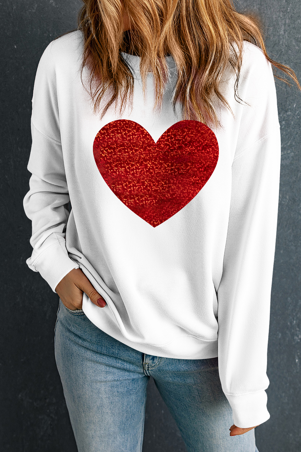 Beige Glitter Valentine Heart Shape Graphic Sweatshirt - loveforevers